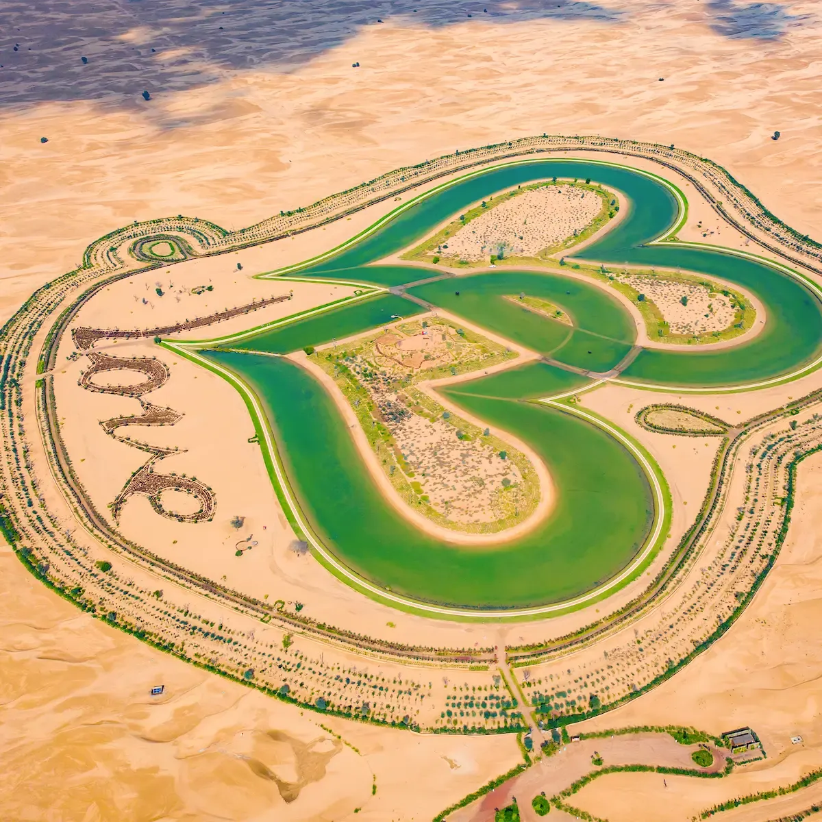 An aerial view of the heart-shaped Love Lake in Dubai
