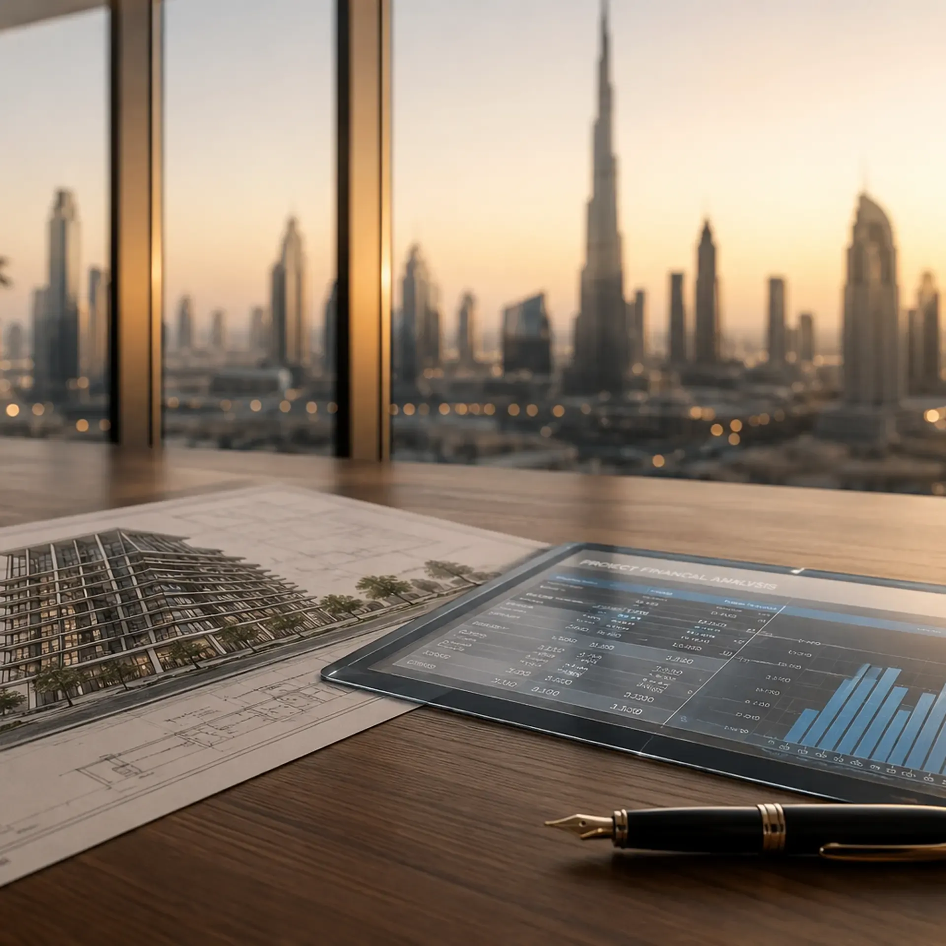 A professional top-down view of a Dubai development plot feasibility spreadsheet, highlighting GFA and FAR calculations with the Dubai skyline in the background.