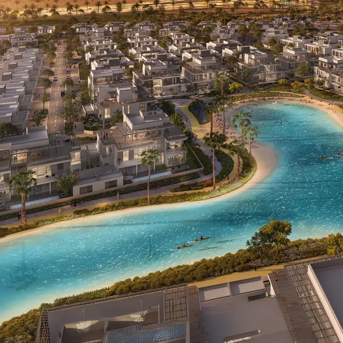 Exterior view of South Bay Mall by Dubai South Properties overlooking the crystal lagoon